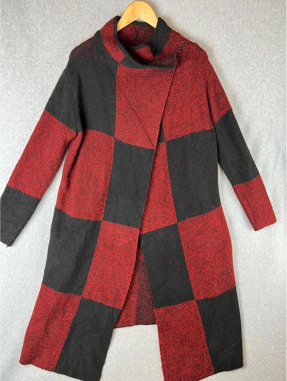 Checkered Trench Long Cardigan Knitted Sweater Womens M Classic Colorblock - Picture 2 of 12